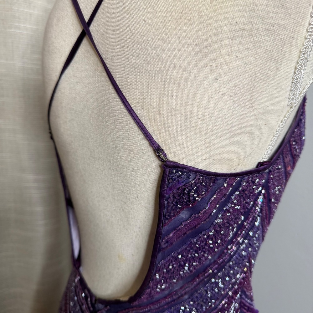 Vintage Y2K Scala Glass Beaded Silk Chevron Maxi Dress Purple Gown Womens Medium - Picture 10 of 15